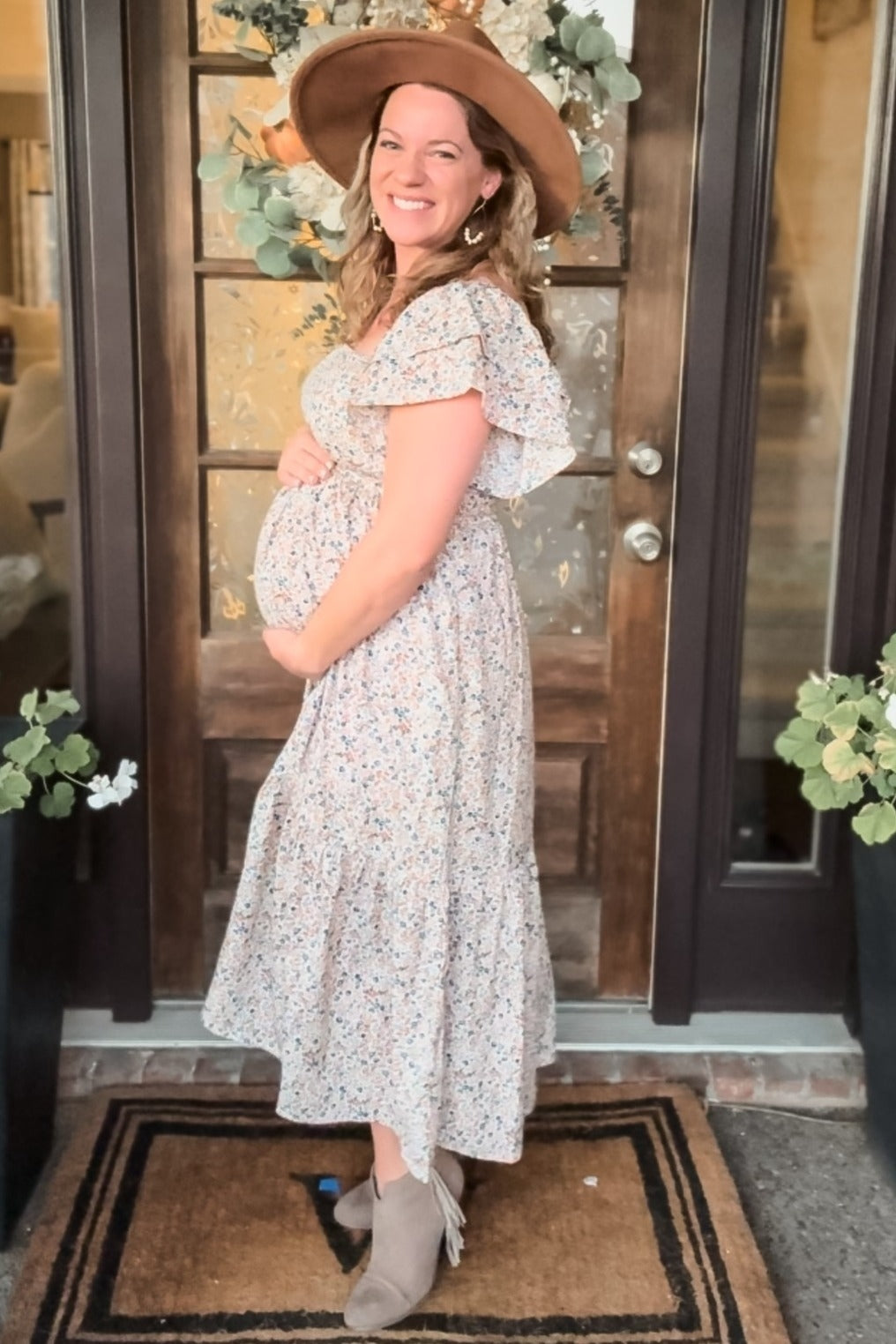 maternity midi dress Pinkblush Cream Floral Flutter Maternity Midi Dress Large