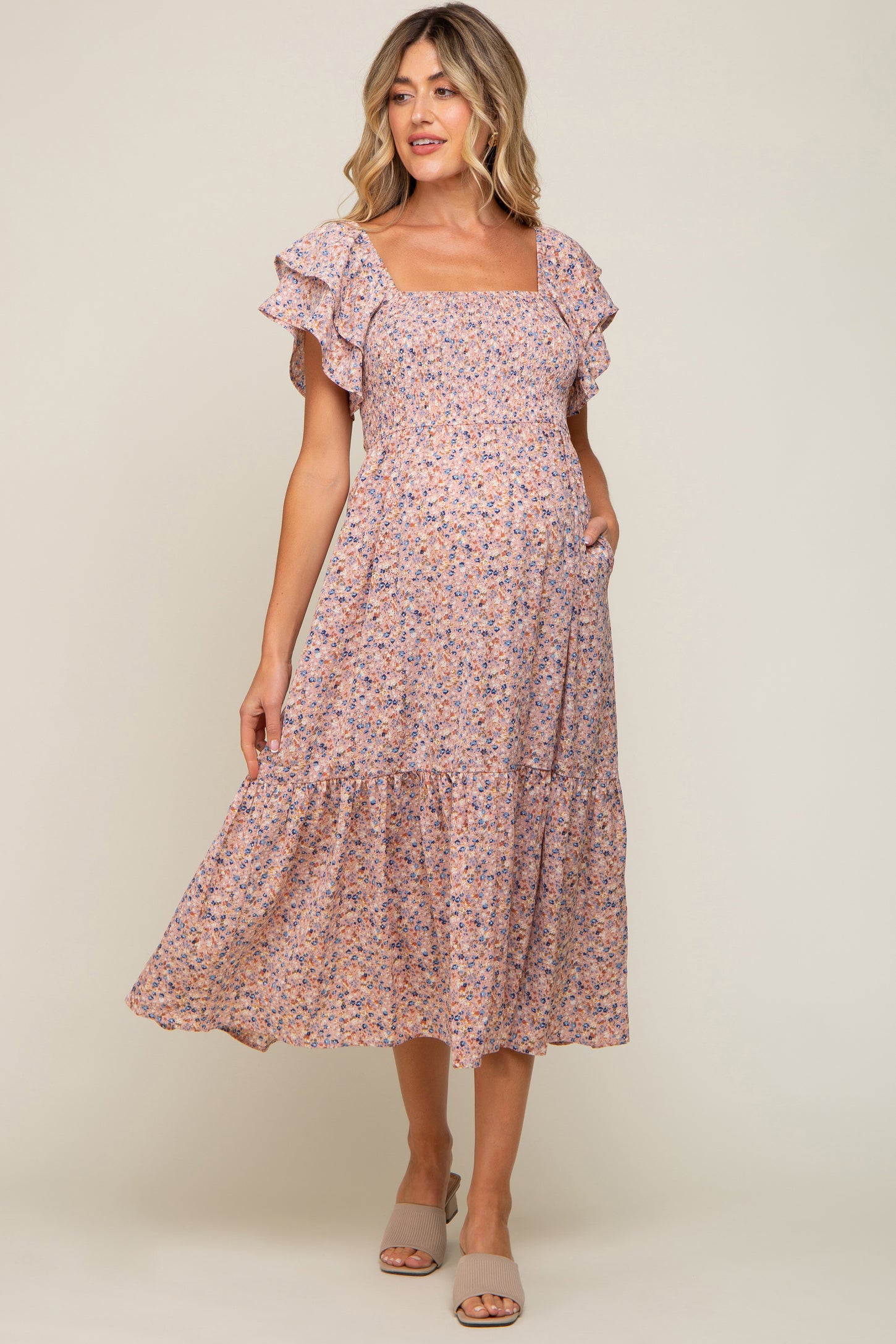 Light Pink Floral Flutter Maternity Midi Dress Small Light Pink Floral Flutter Maternity Midi Dress Small
