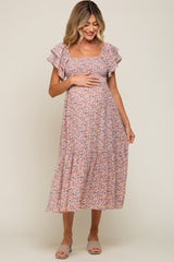 Light Pink Floral Flutter Maternity Midi Dress