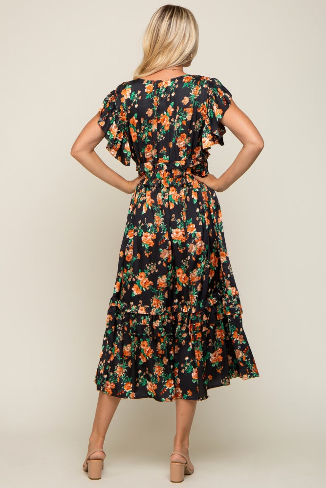 Black Floral Satin Ruffle Midi Dress – PinkBlush