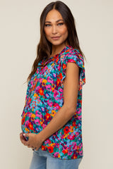 Fuchsia Multi-Color Floral Ruffle Front Tie Maternity Top