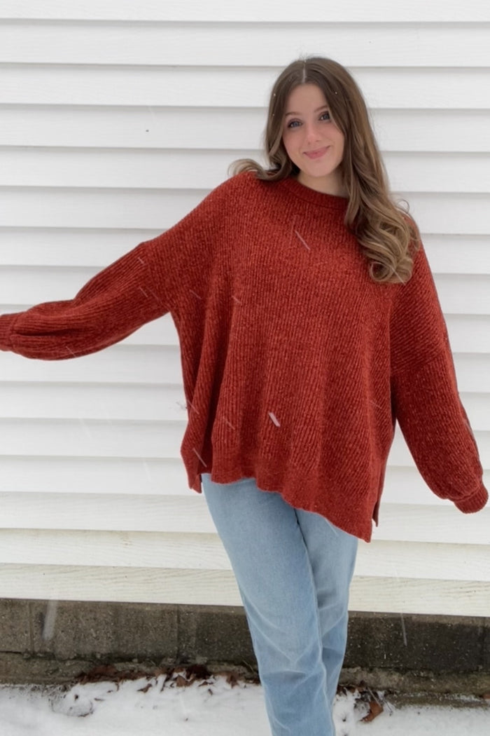 Rust Chenille Knit Balloon Sleeve Sweater