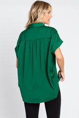 Forest Green Satin Button Front Collared Short Sleeve Top
