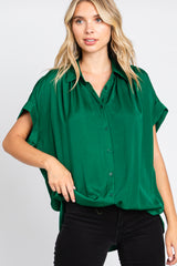 Forest Green Satin Button Front Collared Short Sleeve Top