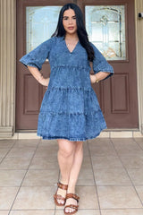 Blue Vintage Wash Tiered Maternity Dress