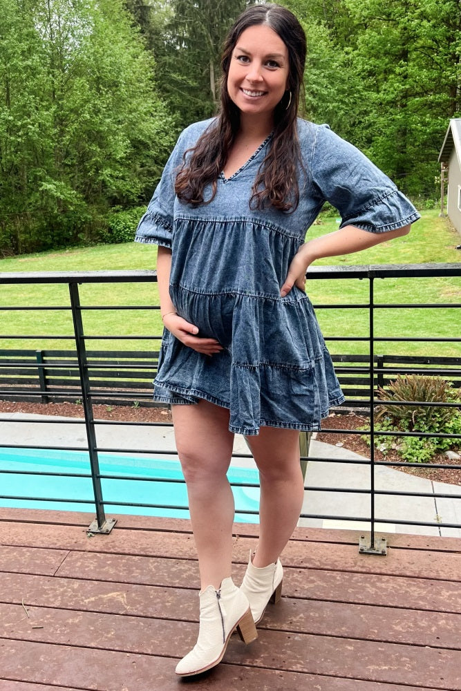 Blue Vintage Wash Tiered Maternity Dress