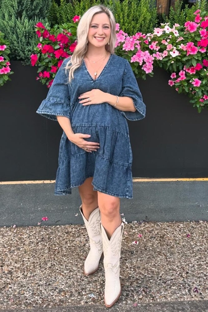 Blue Vintage Wash Tiered Maternity Dress