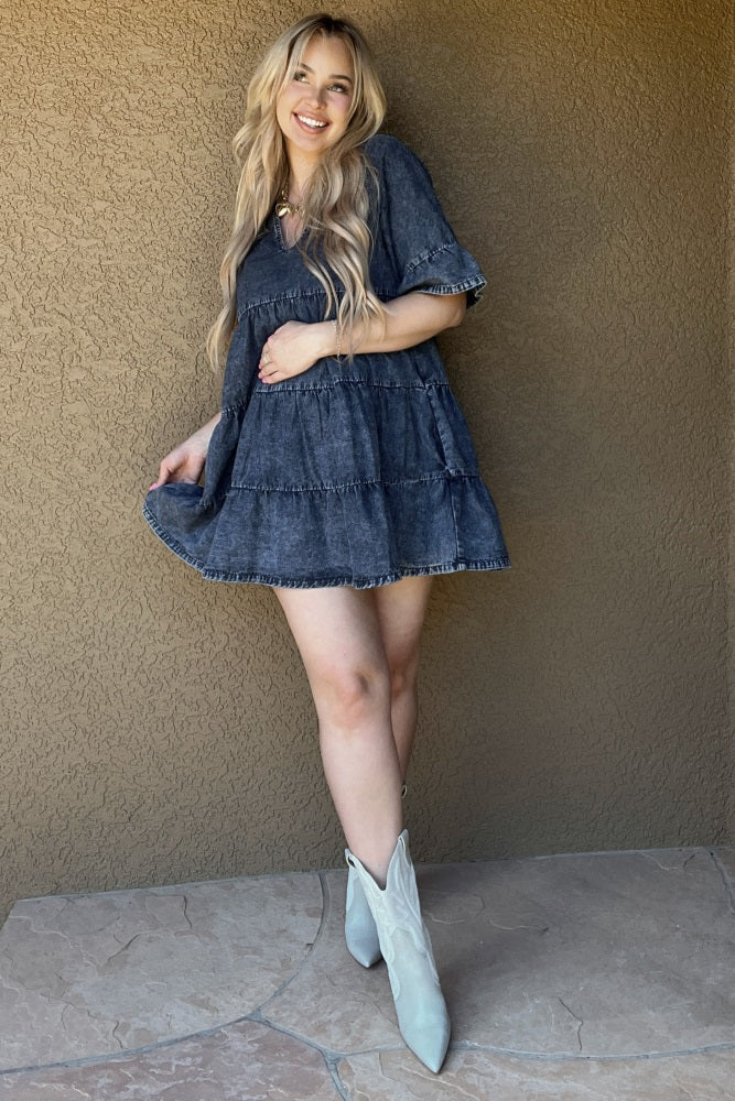 Blue Vintage Wash Tiered Maternity Dress