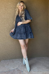 Blue Vintage Wash Tiered Maternity Dress