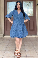 Blue Vintage Wash Tiered Maternity Dress