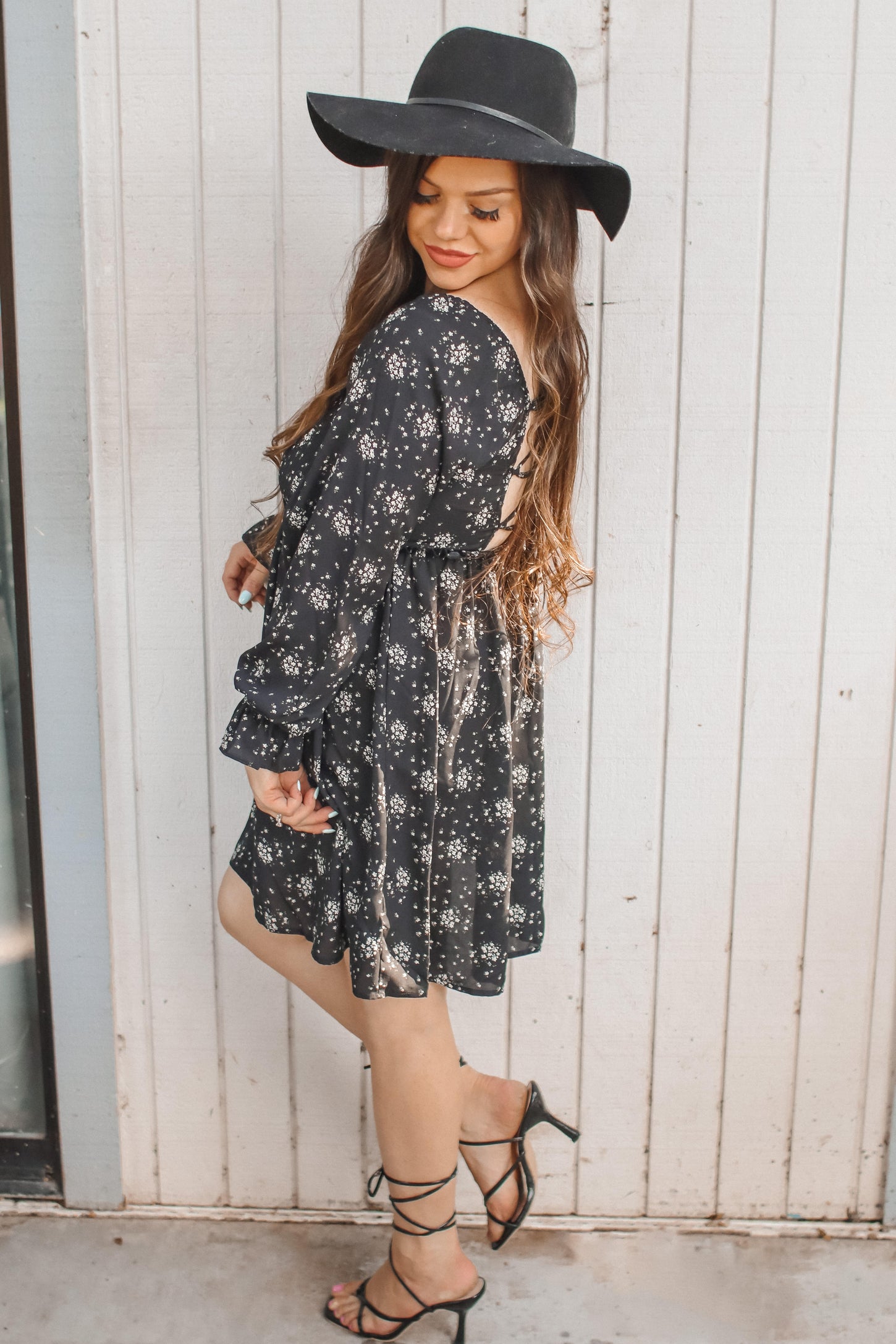 Black Floral Smocked Lace Up Back Dress PinkBlush Black Floral Smocked Lace Up Back Dress PinkBlush