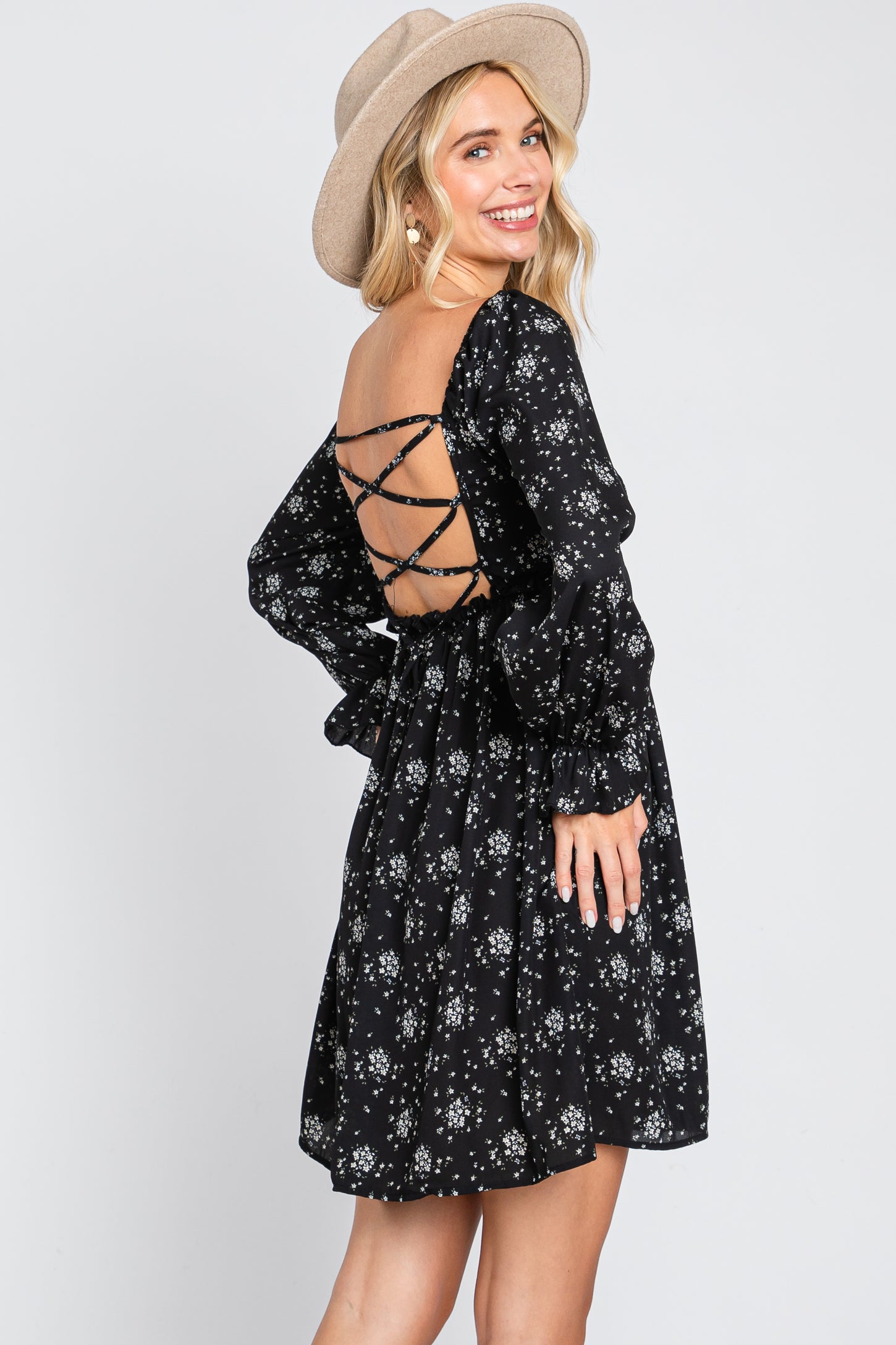 Black Floral Smocked Lace Up Back Dress PinkBlush Black Floral Smocked Lace Up Back Dress PinkBlush