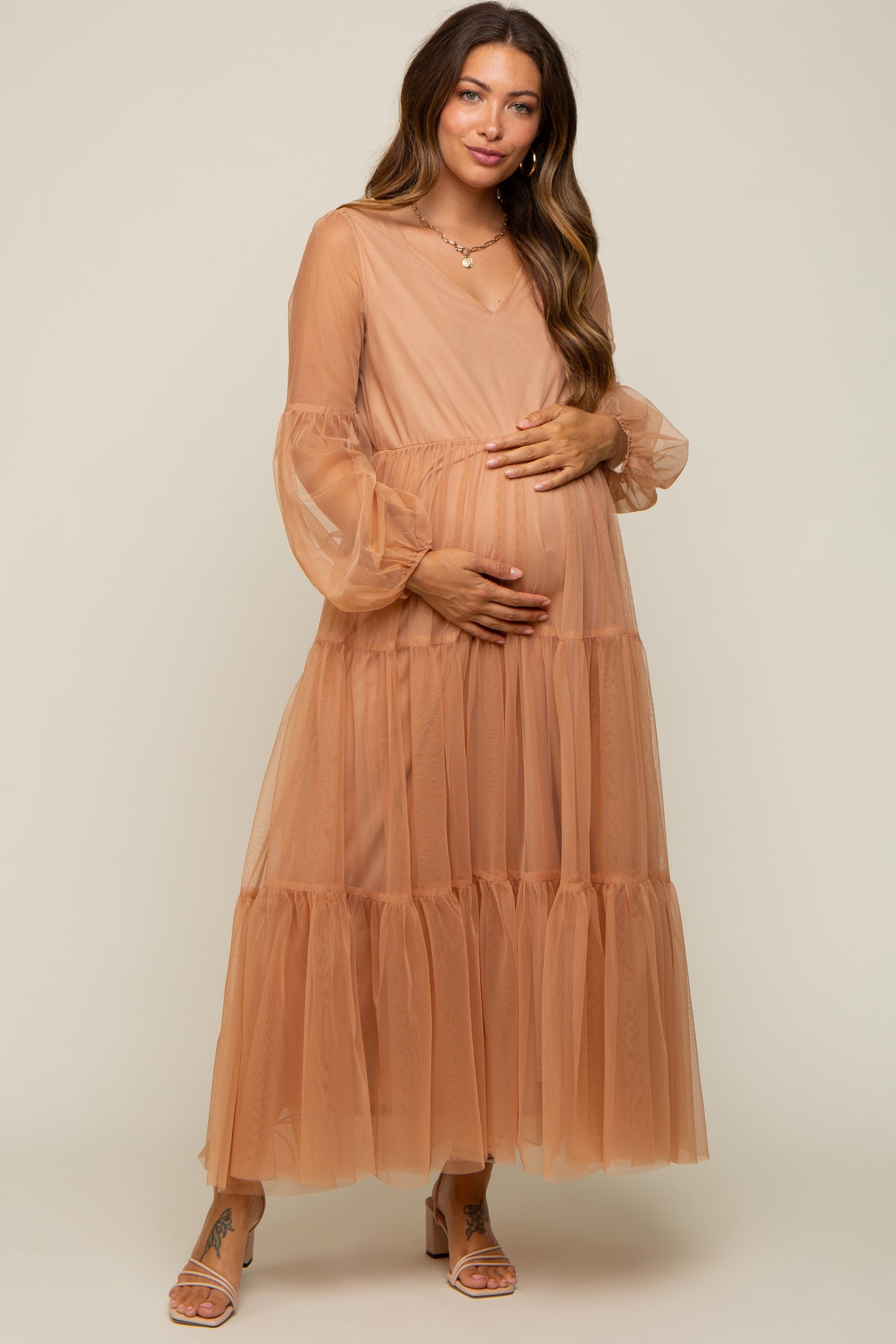Rust Mesh Overlay Tiered Maternity Maxi Dress