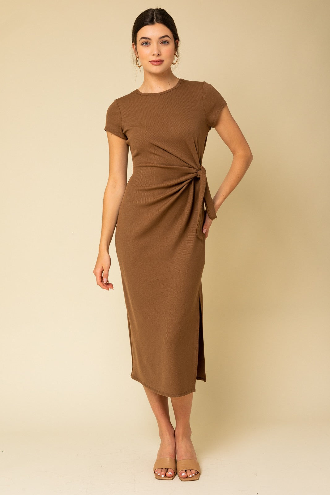 Brown Rib Knit Side Tie Maternity Midi Dress