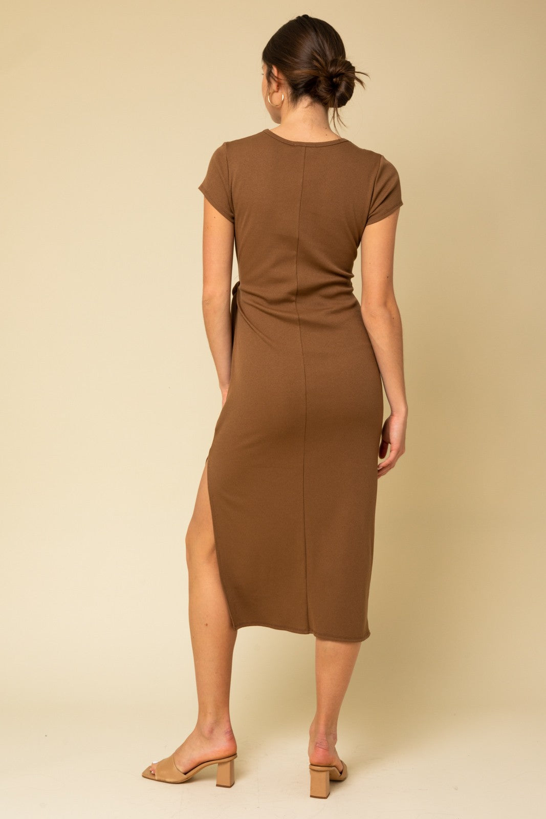Brown Rib Knit Side Tie Midi Dress PinkBlush Brown Rib Knit Side Tie Midi Dress PinkBlush