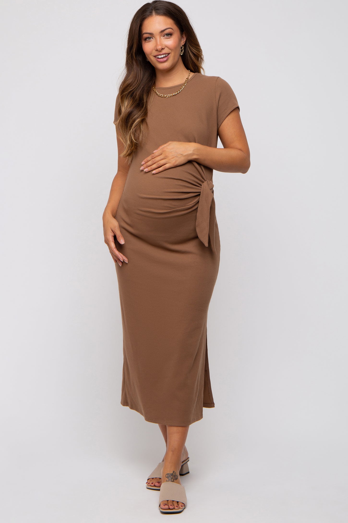 Brown Rib Knit Side Tie Maternity Midi Dress