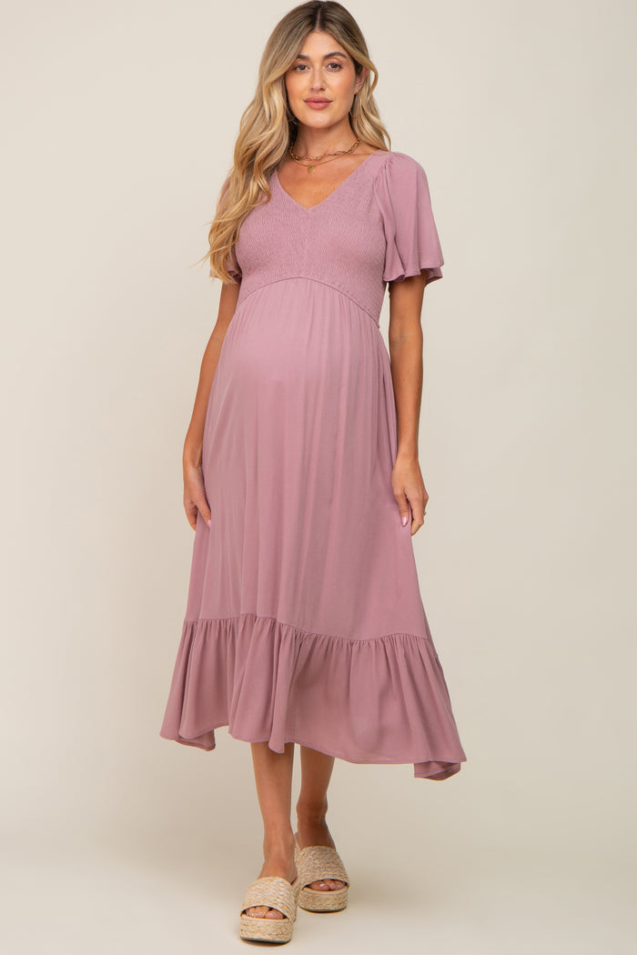 Lavender Smocked V-Neck Midi Dress