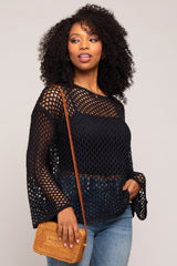 Black Open Knit Bell Sleeve Sweater