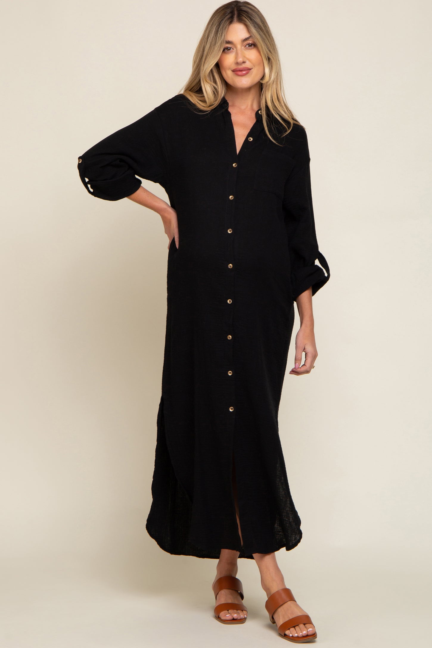 Black Button Down 3/4 Sleeve Maternity Midi Dress PinkBlush Black Button Down 3/4 Sleeve Maternity Midi Dress PinkBlush