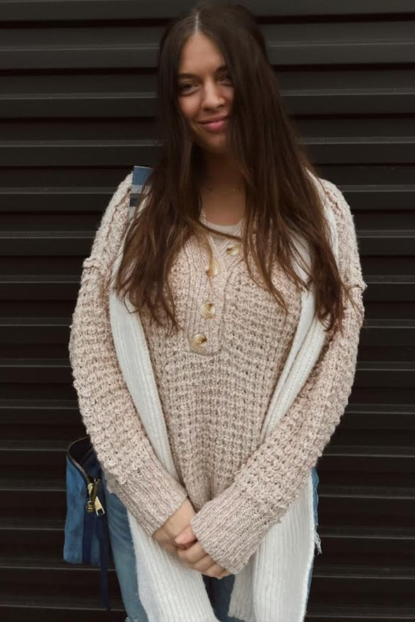 Beige Chunky Knit Button V-Neck Sweater