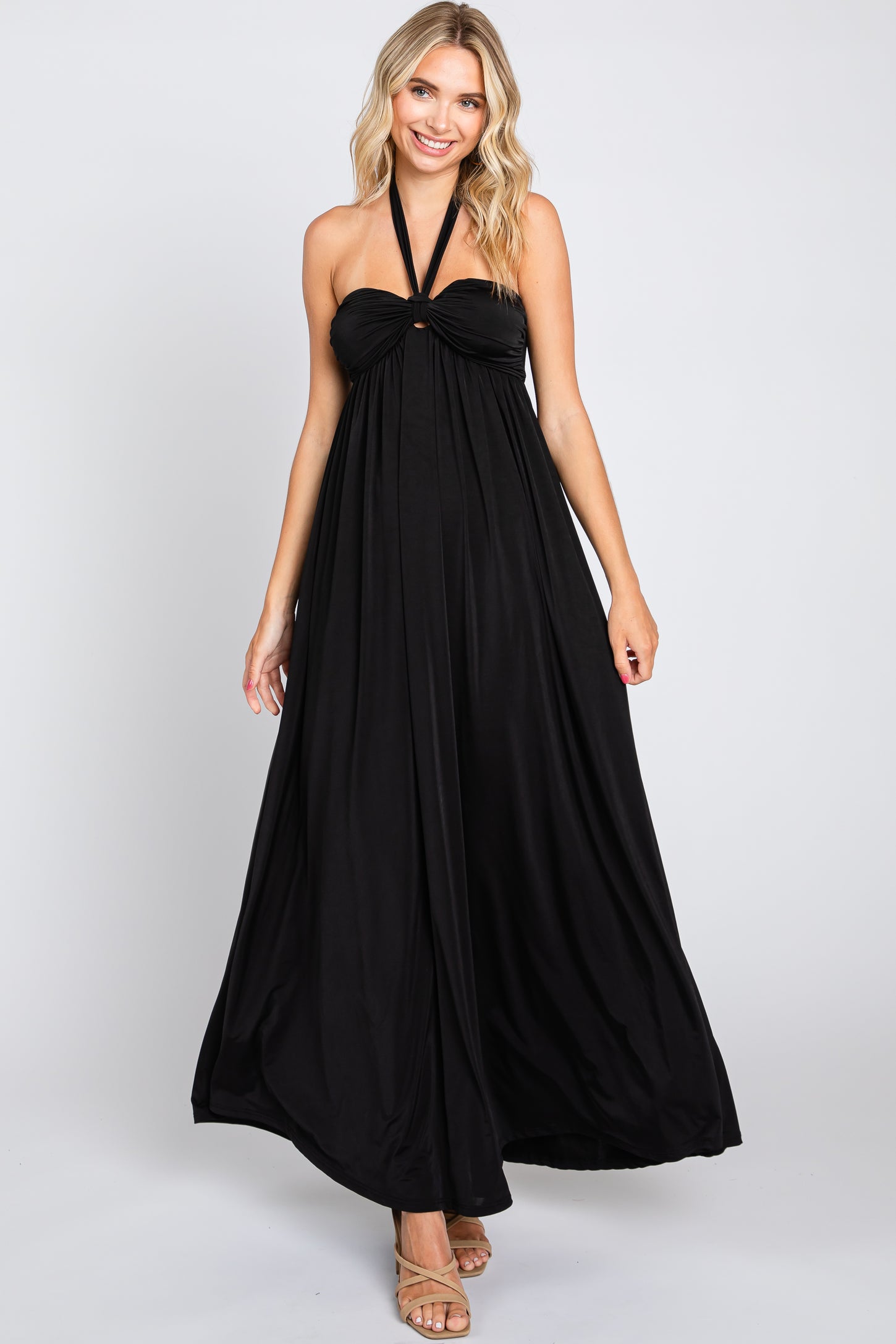 Black Front Knot Halter Maternity Maxi Dress Black Front Knot Halter Maternity Maxi Dress