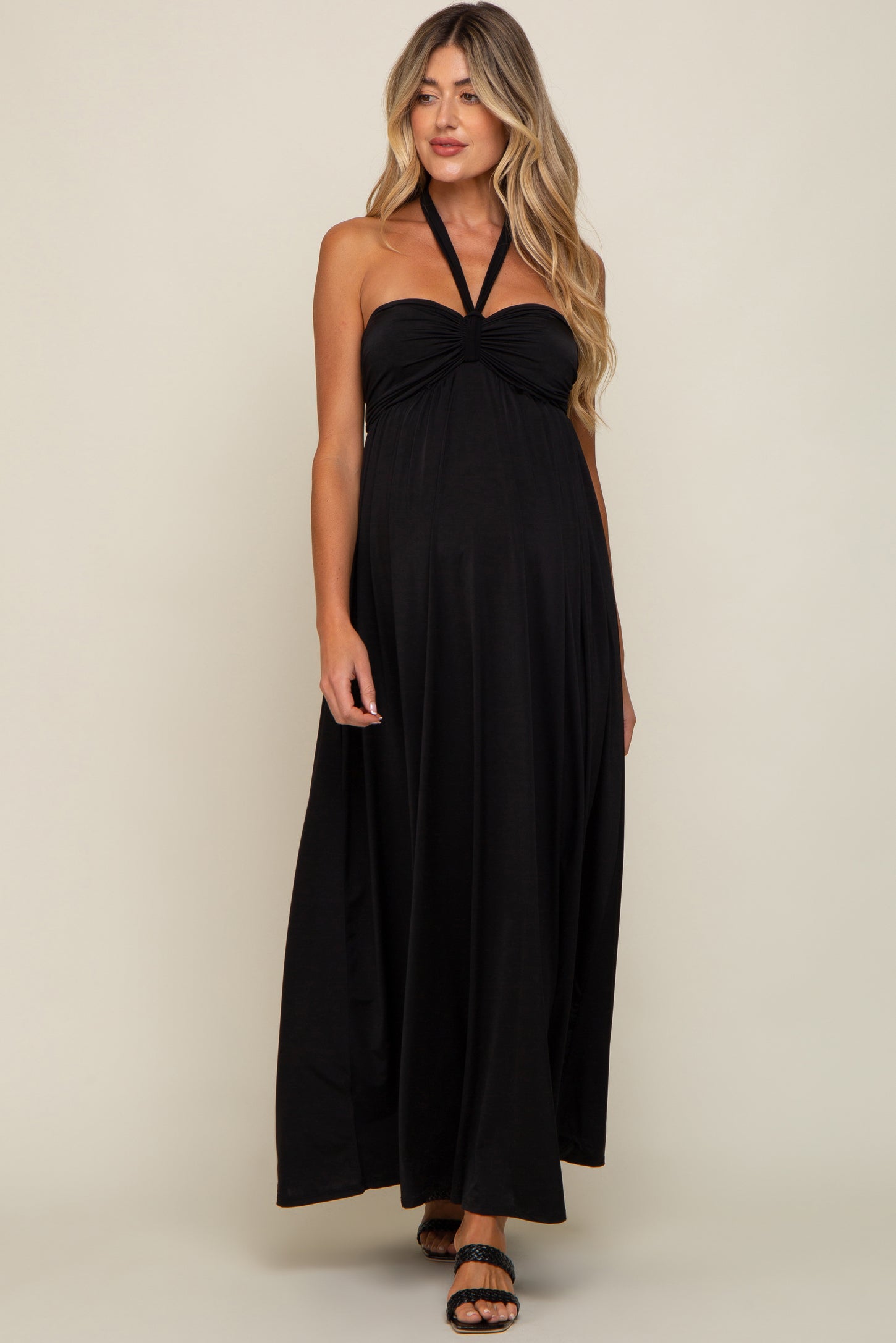 Black Front Knot Halter Maternity Maxi Dress Black Front Knot Halter Maternity Maxi Dress