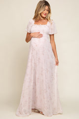 Light Pink Floral Smocked Chiffon Maternity Maxi Dress