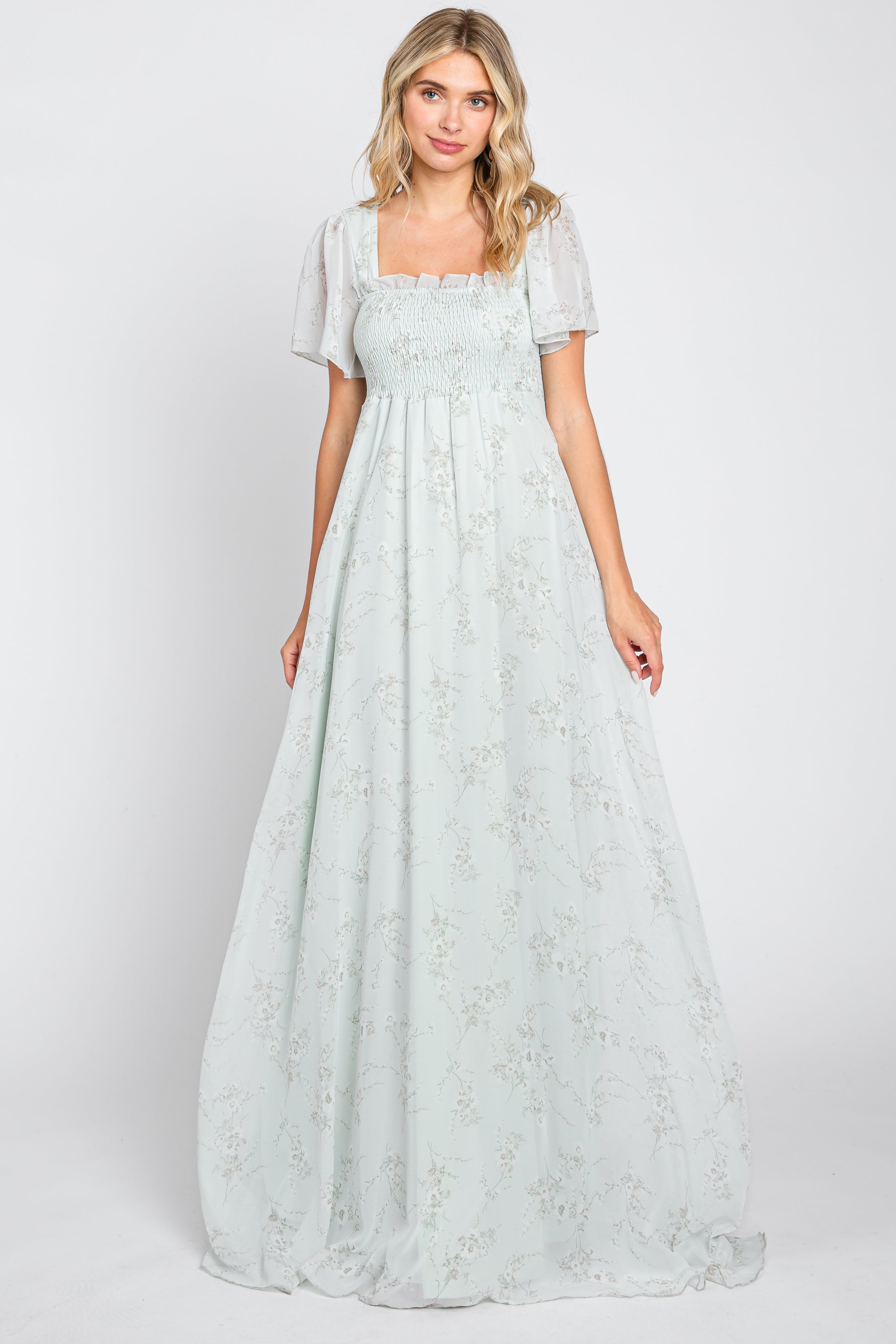 Mint Green Floral Smocked Chiffon Maternity Maxi Dress