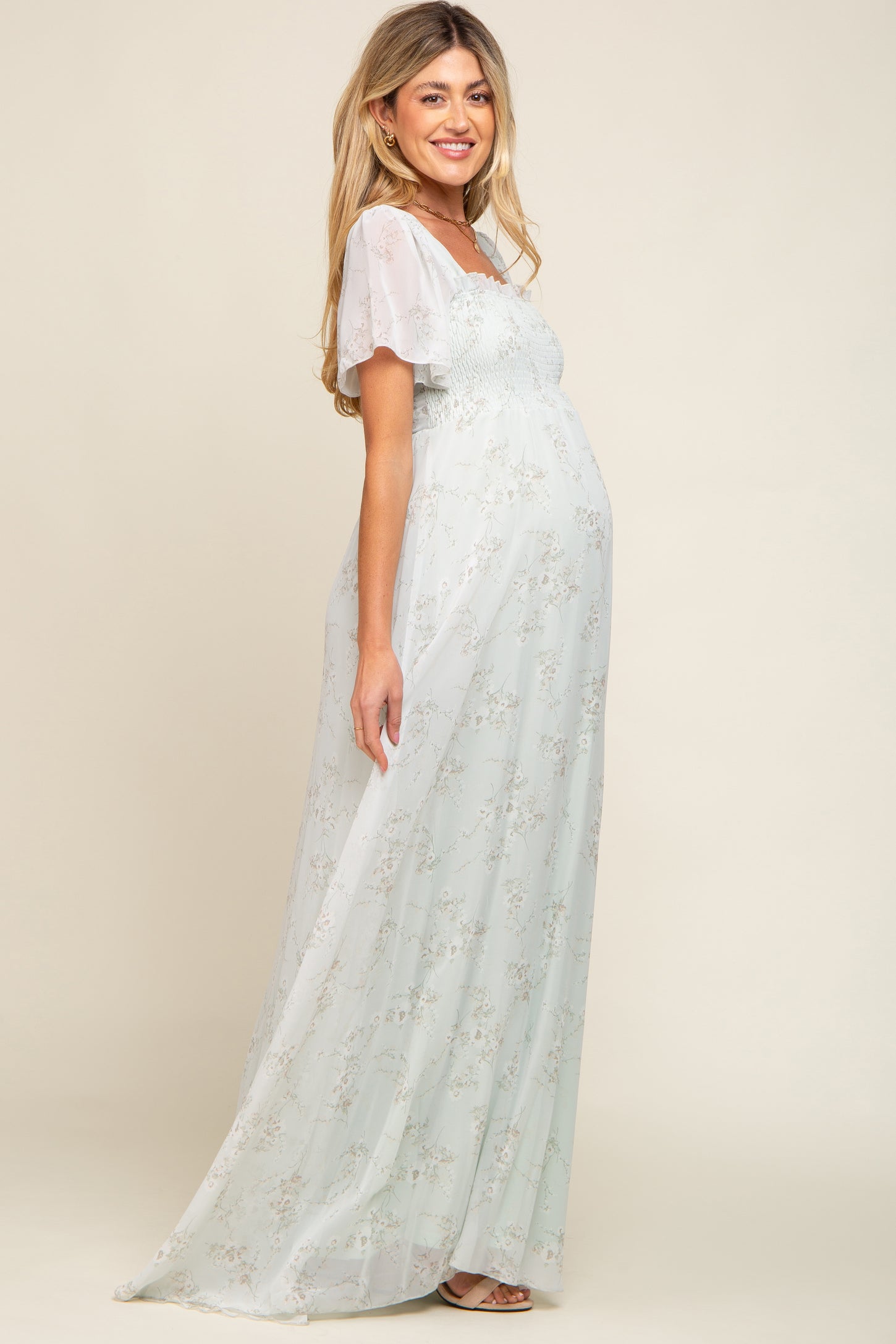 Mint Green Floral Smocked Chiffon Maternity Maxi Dress PinkBlush Mint Green Floral Smocked Chiffon Maternity Maxi Dress PinkBlush