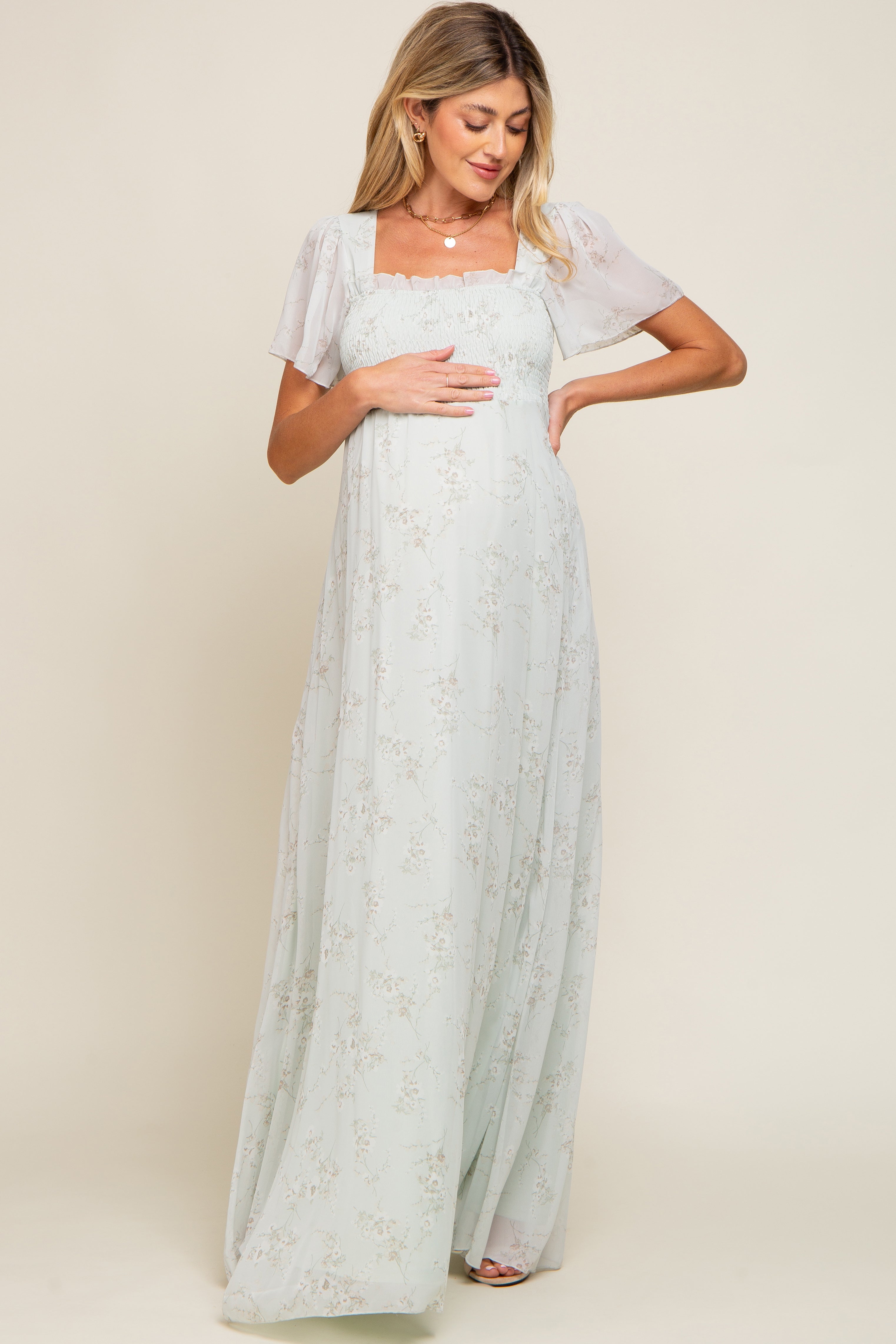 PinkBlush Mint Green Floral Smocked Chiffon Maternity Maxi Dress Small