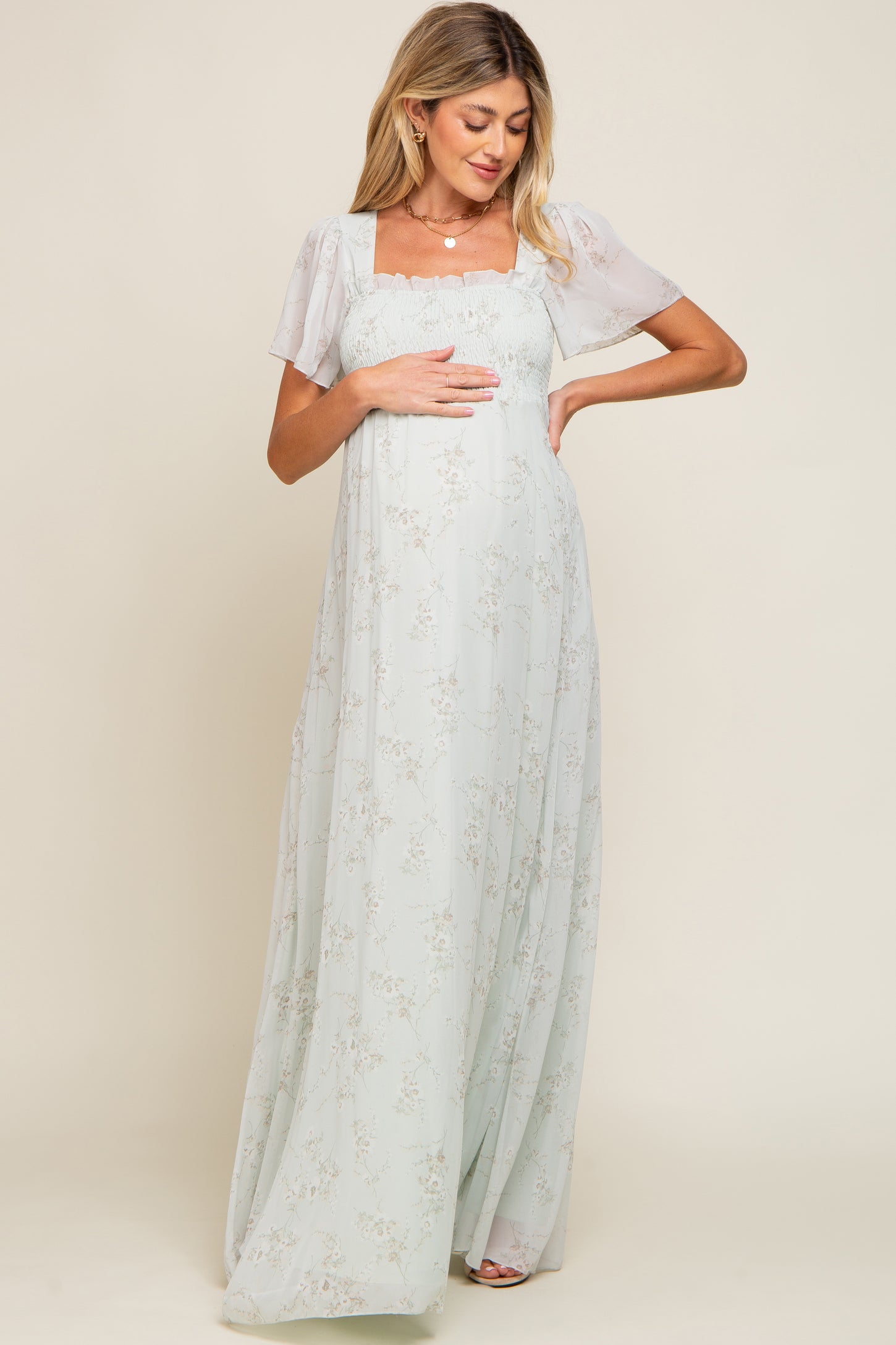 Mint Green Floral Smocked Chiffon Maternity Maxi Dress PinkBlush Mint Green Floral Smocked Chiffon Maternity Maxi Dress PinkBlush