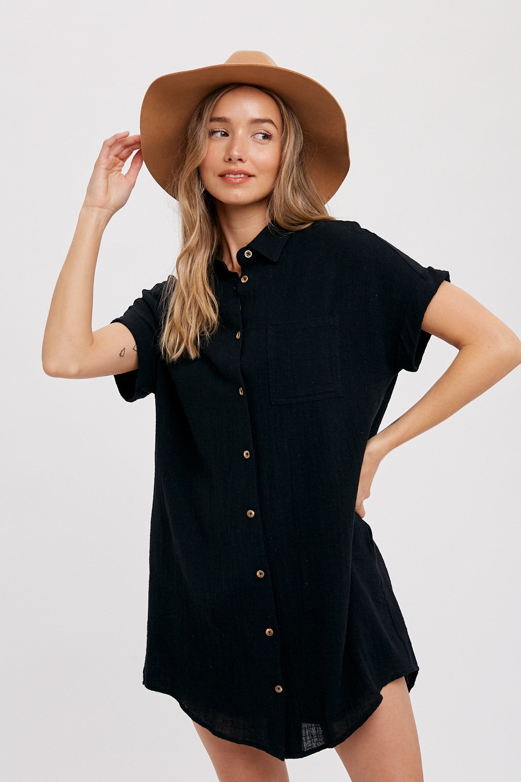 Black Button Up Shirt Dress With Pocket – PinkBlush