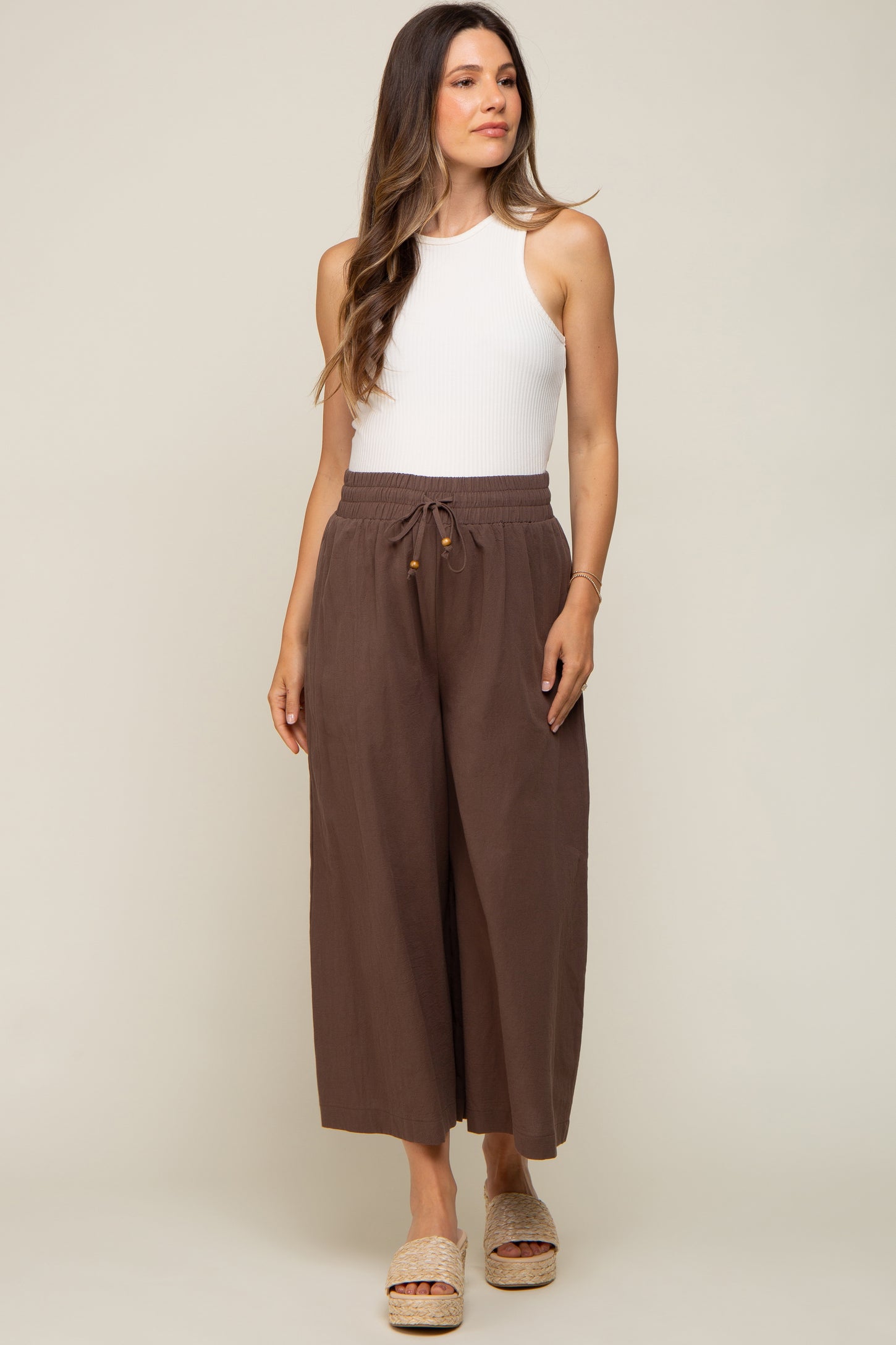 brown maternity dress pants Brown Wide Smock Waist Maternity Pants PinkBlush