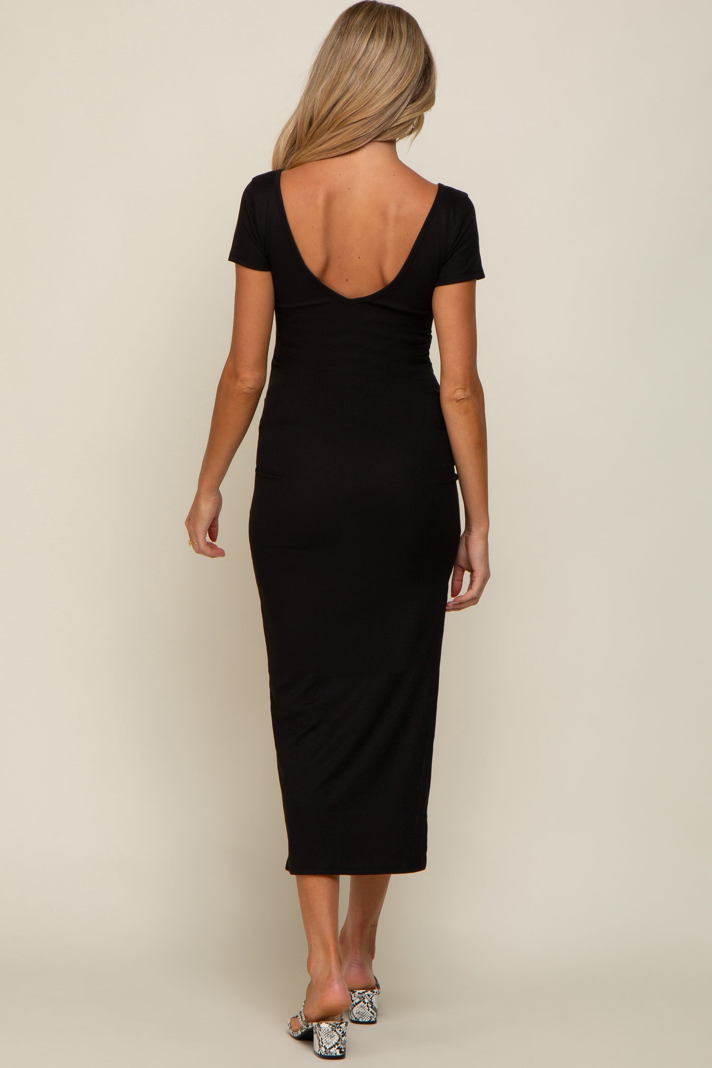 PinkBlush Black Basic Ribbed Side Slit Maternity Midi Dress Medium
