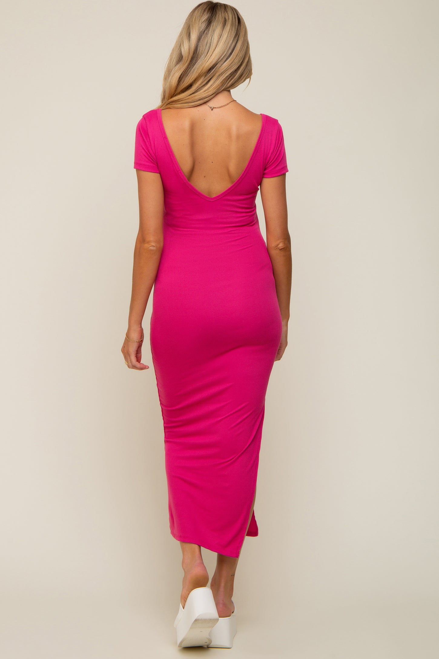 basic pink dress Pinkblush Fuchsia Basic Ribbed Side Slit Maternity Midi Dress Large