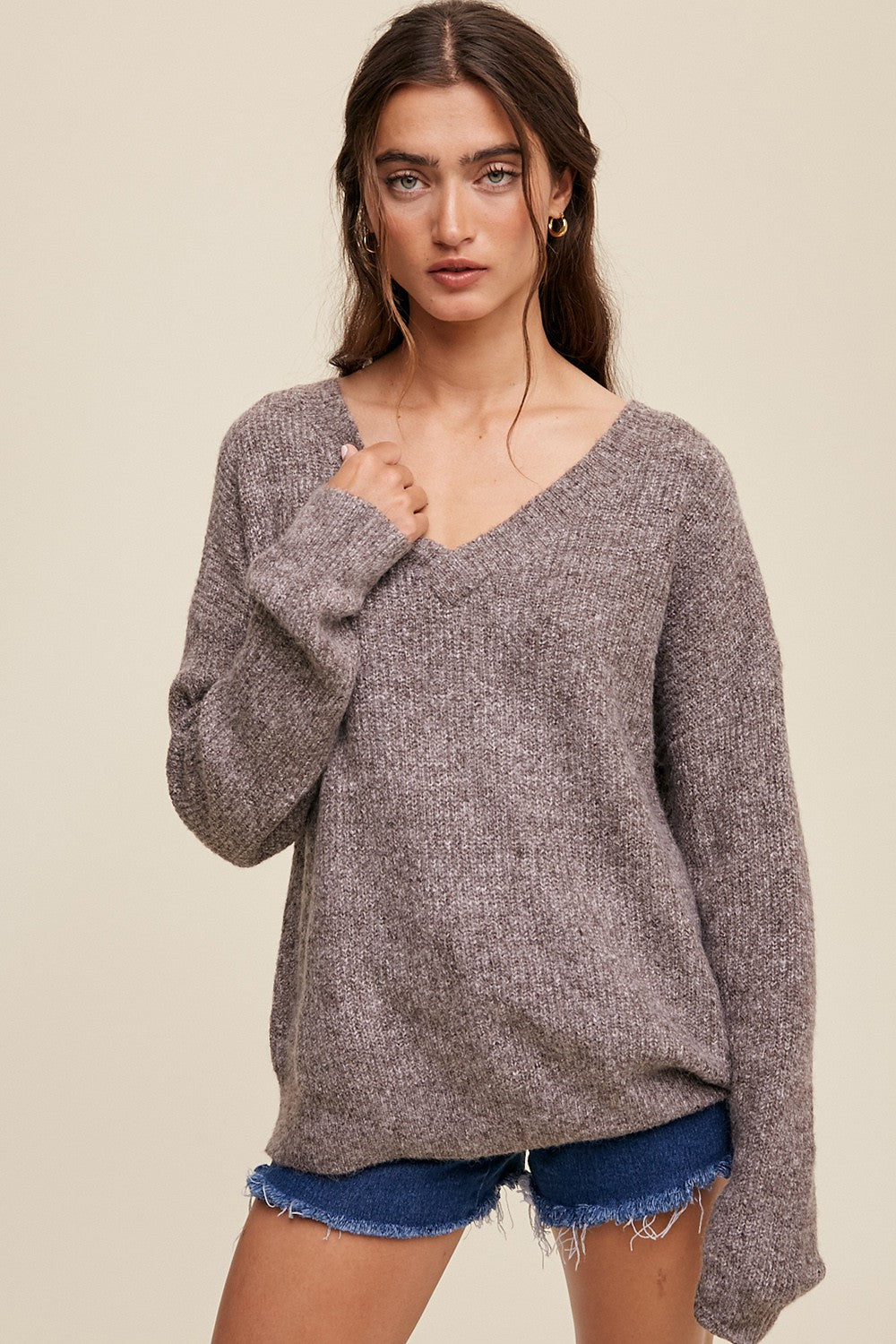 Mocha V-Neck Relaxed Fit Sweater