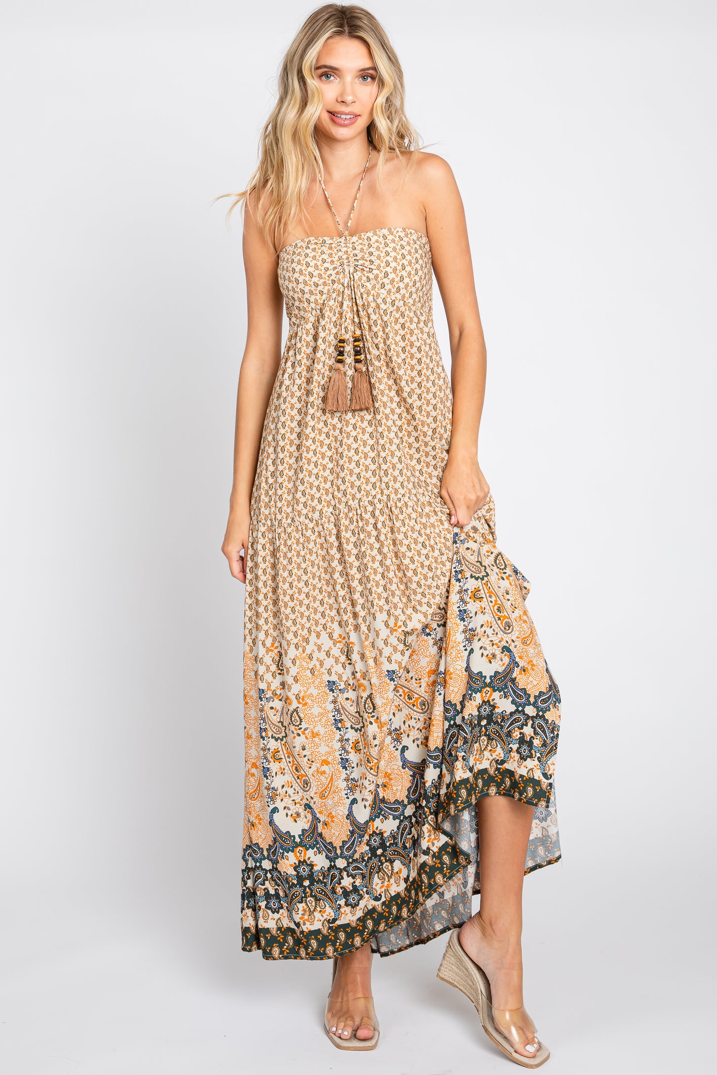 Beige Floral Paisley Halter Maternity Maxi Dress PinkBlush Beige Floral Paisley Halter Maternity Maxi Dress PinkBlush
