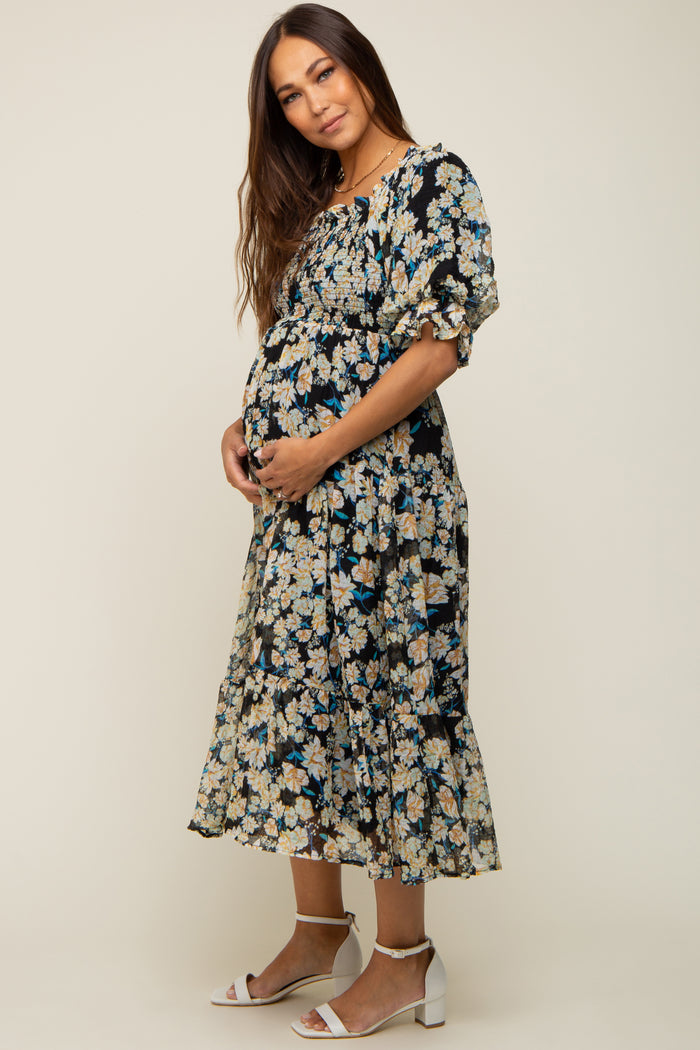 Black Floral Puff Sleeve Maternity Midi Dress