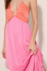 Coral-Pink-Cream Color Block Plunge Neck Wrap Tulip Hem Maxi Dress