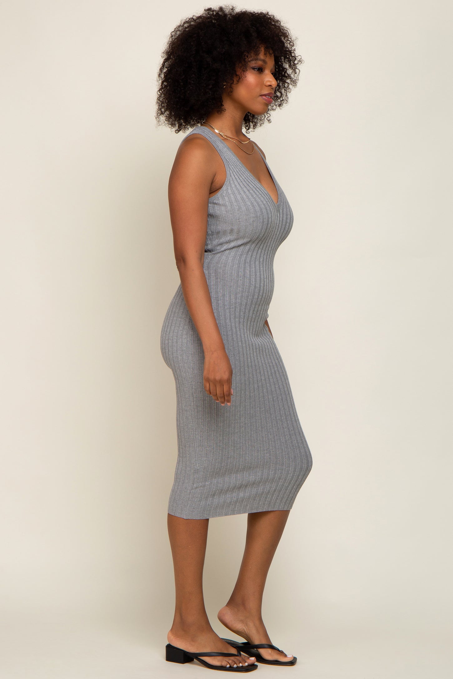 Heather Grey Ribbed Knit Fitted V-Neck Midi Dress PinkBlush Heather Grey Ribbed Knit Fitted V-Neck Midi Dress PinkBlush