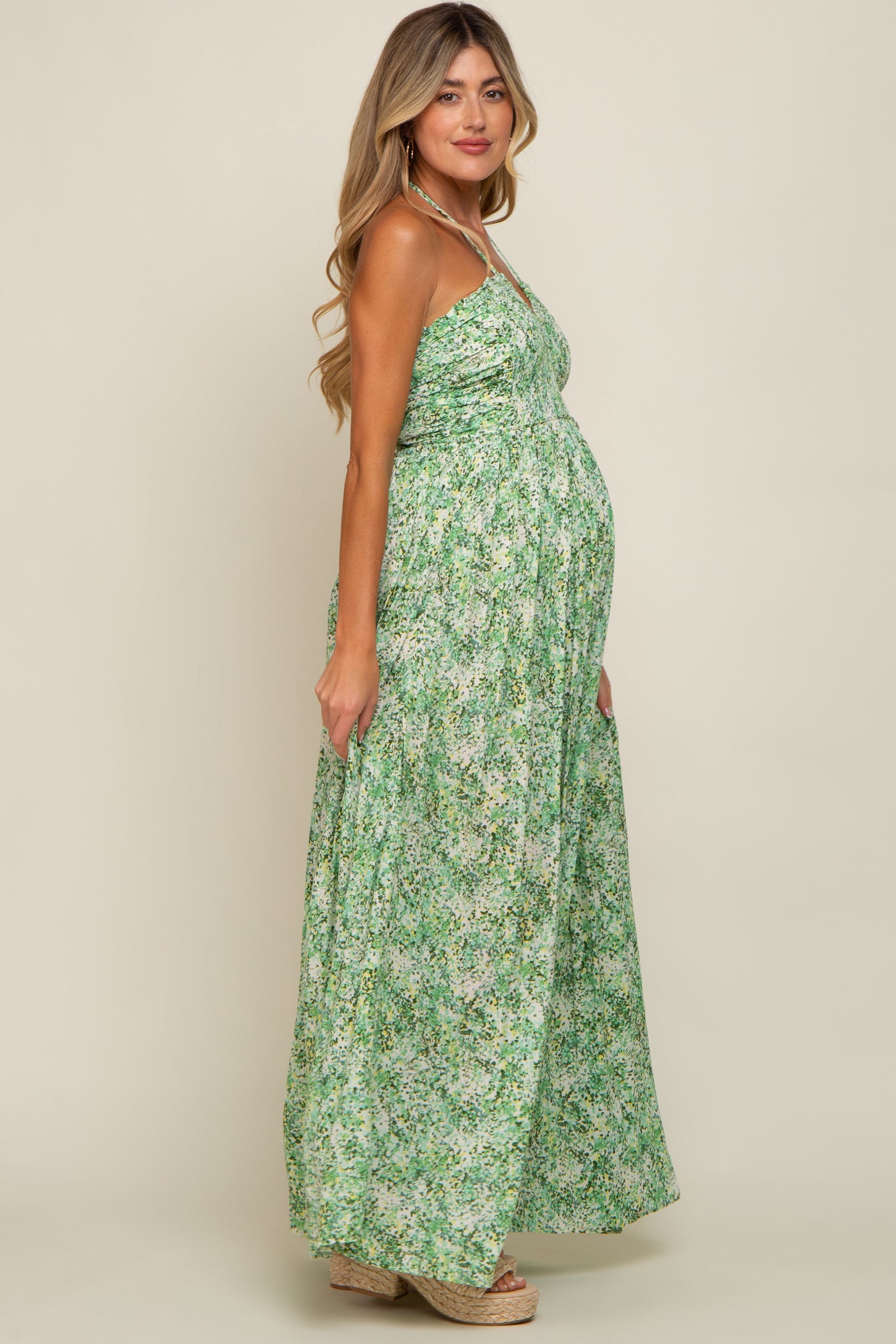 Green Floral Halter Neck Maternity Maxi Dress PinkBlush Green Floral Halter Neck Maternity Maxi Dress PinkBlush