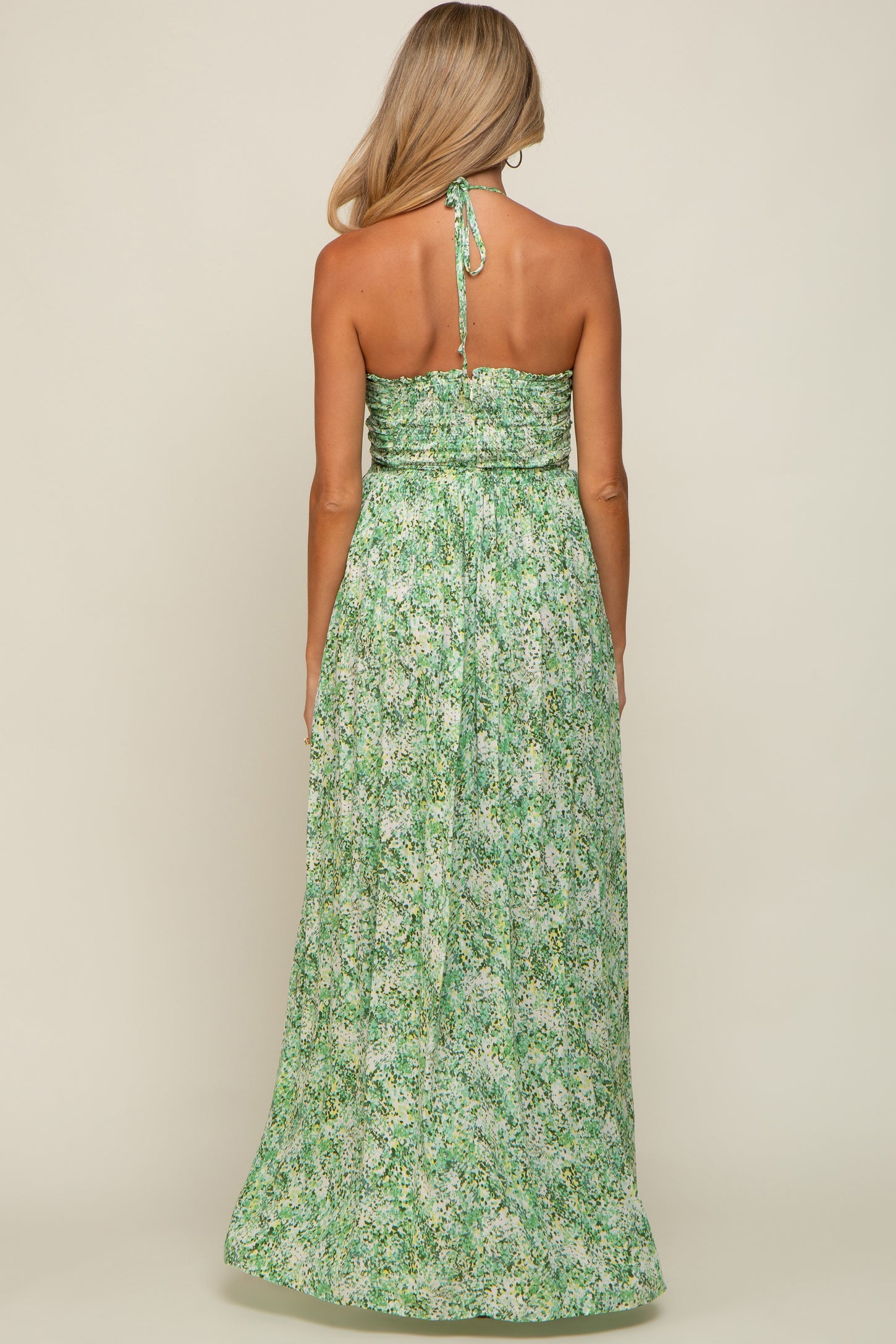 Green Floral Halter Neck Maternity Maxi Dress