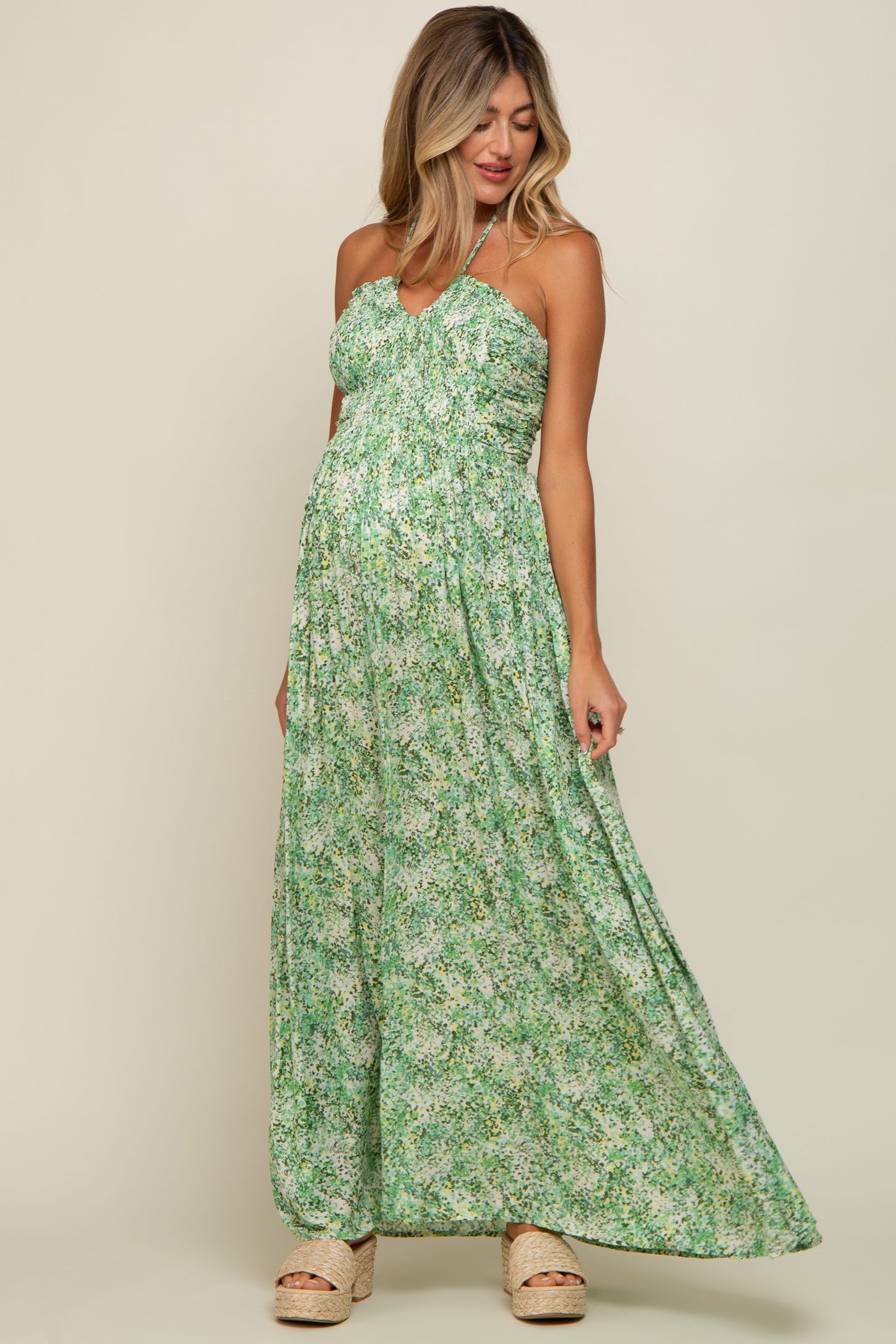 Green Floral Halter Neck Maternity Maxi Dress PinkBlush Green Floral Halter Neck Maternity Maxi Dress PinkBlush
