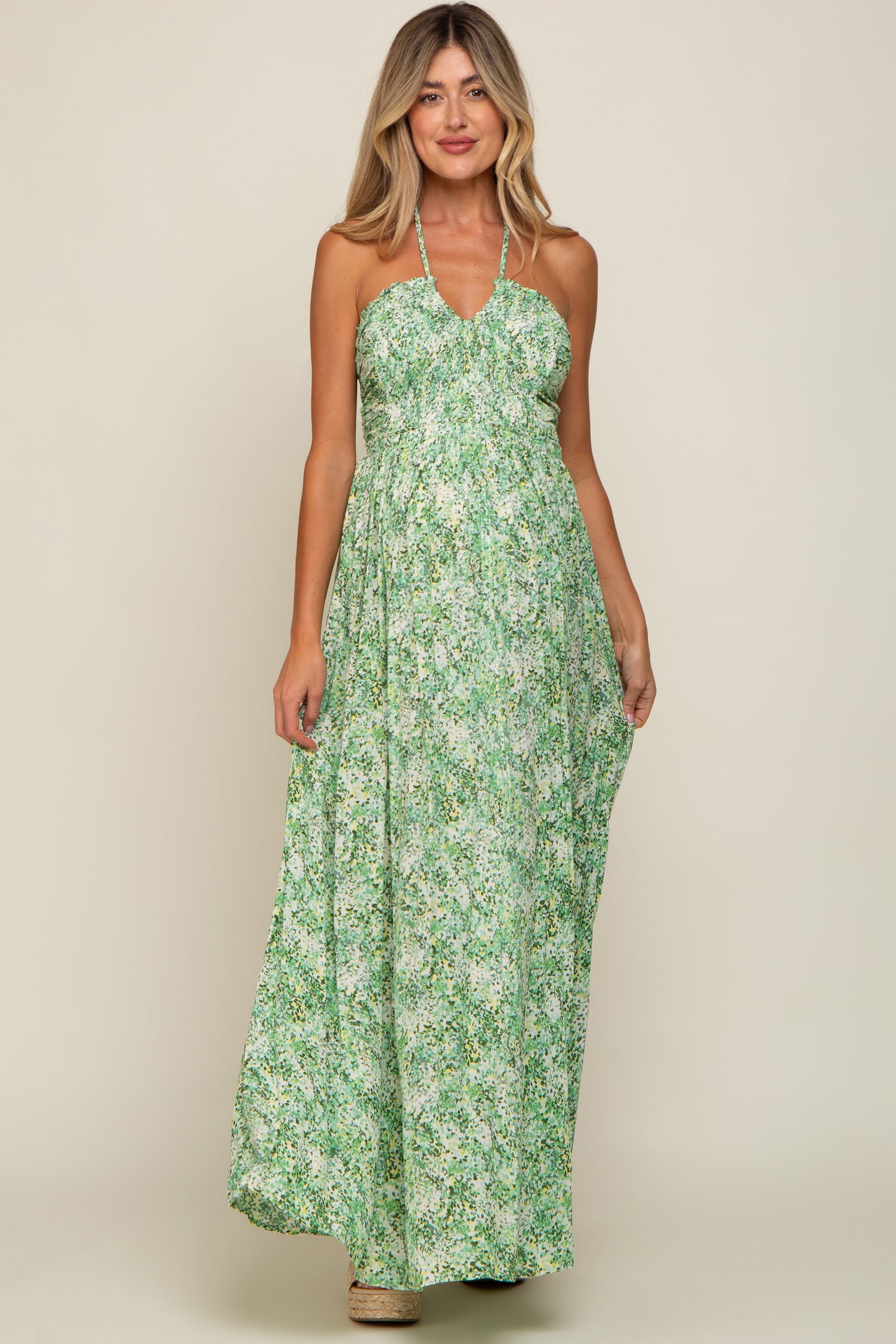 Green Floral Halter Neck Maternity Maxi Dress