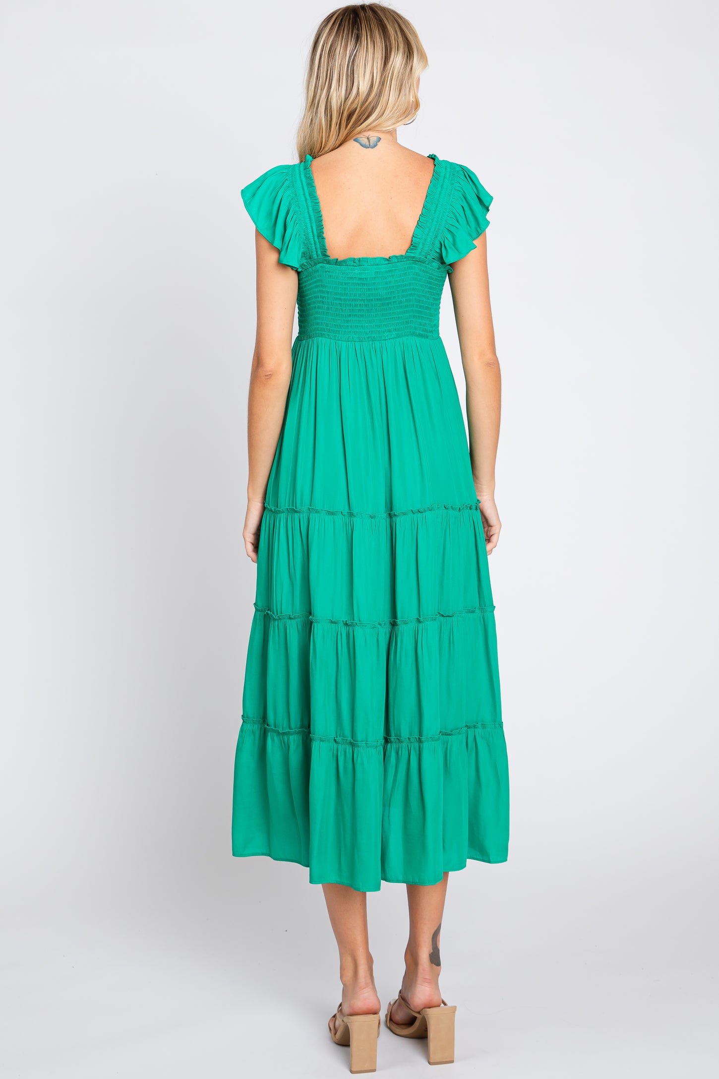 Green Satin Square Ruffle Neck Smocked Sleeveless Midi Dress PinkBlush Green Satin Square Ruffle Neck Smocked Sleeveless Midi Dress PinkBlush
