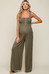 Olive Smocked Button Accent Linen Maternity Jumpsuit