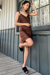 Brown Satin Cami Tie Strap Mini Dress