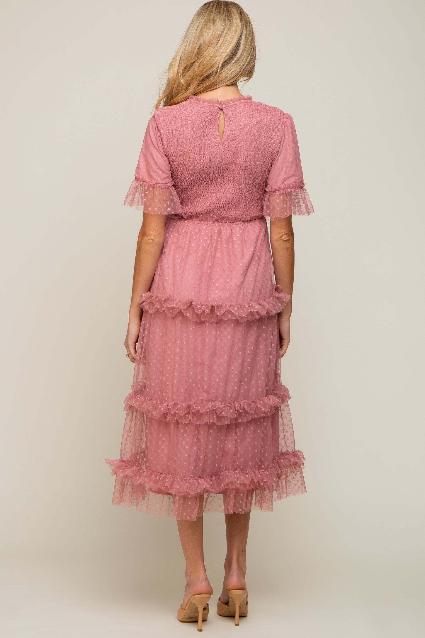pink polka dot maternity dress Momyknows Light Pink Polka Dot Bow Ruffle Falbala Tie-Shoulder A-line Tulle Princess Dress Elegant Maternity Photoshoot Baby Shower Maxi Dress, Peach