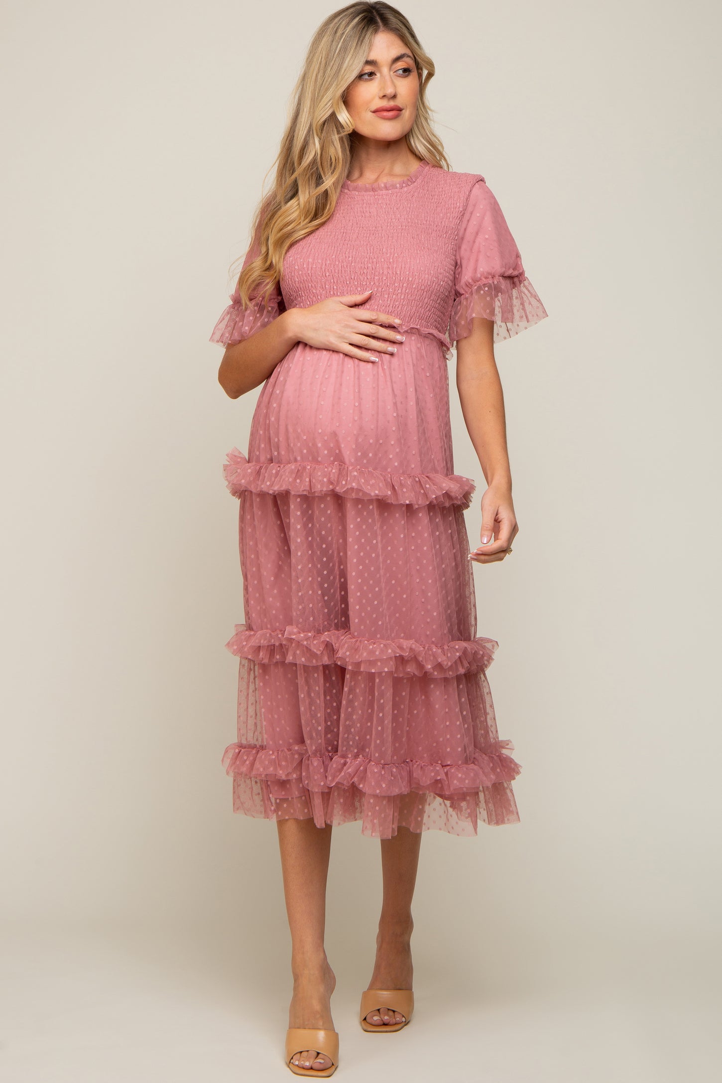 pink smocked maternity dress Pink Smocked Cutout Maternity Maxi Dress PinkBlush