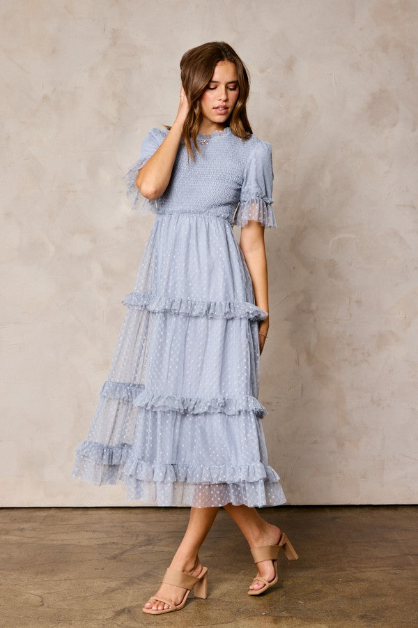Light Blue Polka Dot Tulle Smocked Maternity Midi Dress PinkBlush Light Blue Polka Dot Tulle Smocked Maternity Midi Dress PinkBlush